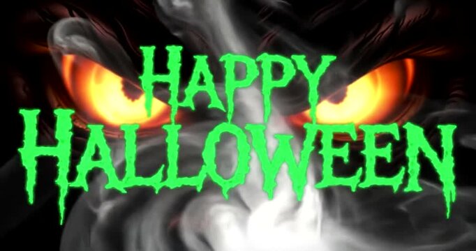 A spooky Happy Halloween greeting with glowing monster eyes emerging from a dark, smoky background.