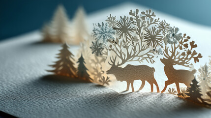 Paper cut Christmas scene with deer, trees and snowflakes

