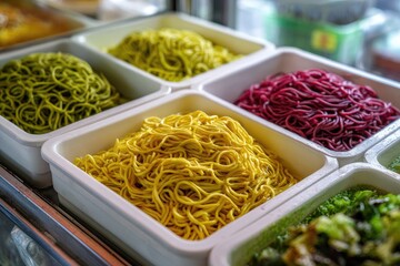 Fototapeta premium Colorful Noodles Assortment in a Restaurant Display.