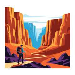 Exploring the Canyon: A lone hiker embarks on an adventure, trekking through a vivid canyon, surrounded by towering rock formations and a vast sky.