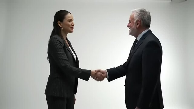 Professional handshake between a businesswoman and businessman in a minimalistic studio setting