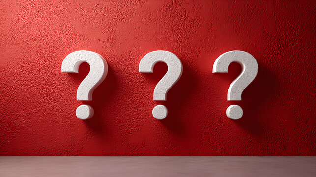 Three hanging white question marks in front of a red wall with copy space - 3D illustration Stock Illustration
