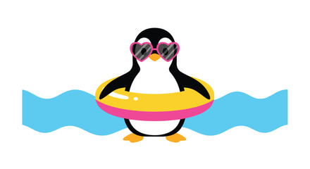 Obraz premium Cool penguin chilling on waves with heart sunglasses and swim ring having fun on summer vacation
