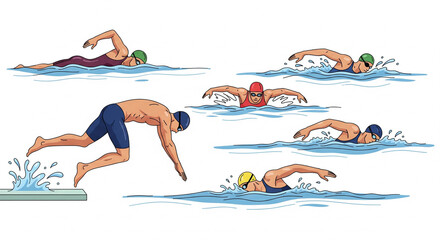 Group of Energetic Swimmers Diving and Racing in a Pool in a Bright Studio