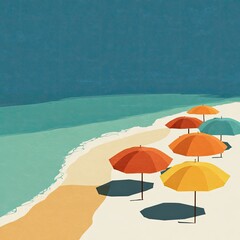 Pastel beach umbrellas on a sandy shore, facing the ocean