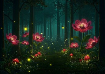 Whimsical Fairytale Forest with Glowing Fireflies