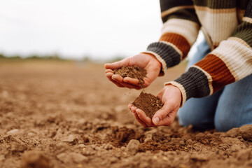 Close up of agronomist holding black soil and pouring it on agricultural field. Young female farmer checking soil quality by touching it with her hands. Agriculture concept. Farming.
