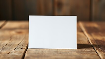 Blank greeting card resting on a rustic wooden surface with warm ambient light.