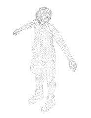 A boy wearing headphones with arms outstretched in a 3D wireframe model composed of geometric shapes and lines on a white background.