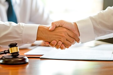 Business Agreement Handshake Concluding Legal Deal with Gavel in Law Office Setting