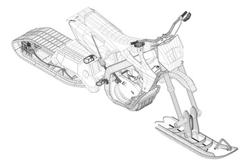 Detailed 3D wireframe model of a snowbike, featuring its motor and mechanical components on a clean white background.