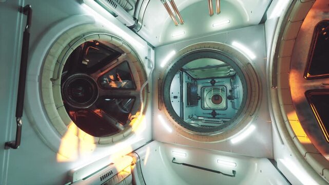 The interior of a space station module is illuminated by soft lights, revealing control panels and equipment. The design highlights modern technology used for space missions and research.