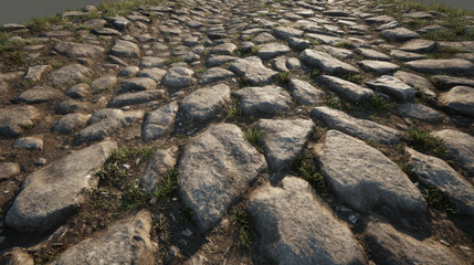 Roman-inspired cobblestone road with worn historic stones and aged textures ideal for ancient architecture reconstructions and historical scenes
