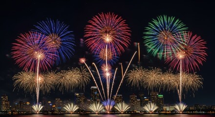 Spectacular fireworks display illuminating the night sky over city skyline