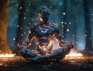 Cybernetic figure meditating in a mystical forest