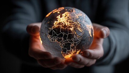 Hands holding glowing, detailed Earth globe