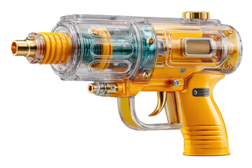 Steampunk style toy ray gun with transparent casing and golden accents on transparent background
