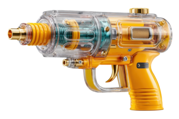 Steampunk style toy ray gun with transparent casing and golden accents on transparent background