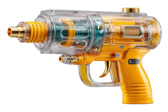 Steampunk style toy ray gun with transparent casing and golden accents on transparent background