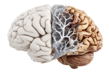 Human brain showing healthy and damaged sides for medical illustration on transparent background