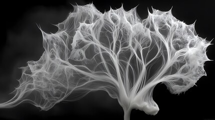 the artwork depicts a white structure that resembles a tree against a dark background