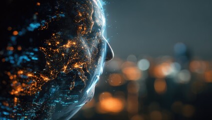 Profile view of a human face, rendered with glowing, digital world map textures. Abstract, futuristic portrait against a blurred city lights background