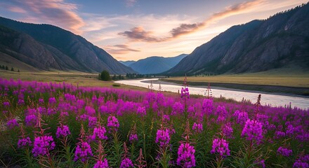 Sunset over a River Valley with Purple Wildflowers.