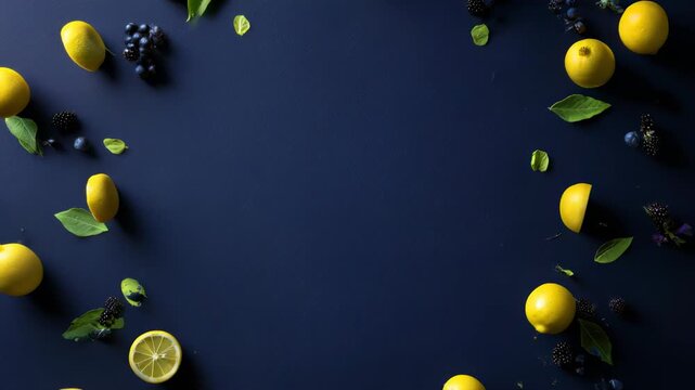 Blue background, blueberries and lemons explode outward in dynamic motion, creating a vibrant, colorful splash perfect for food, beverage, or summer-themed visuals.