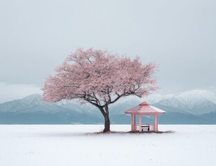 Pink cherry blossom tree and gazebo on a snow-covered plain, with distant mountains