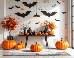 Halloween-themed interior decoration featuring pumpkins, bats, and autumnal floral arrangements against a white wall.