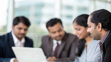 Blurred Indian business team in meeting — corporate strategy and financial discussion