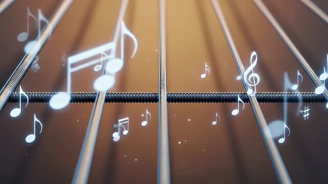 Musical notes appear floating above strings of an instrument, against a gold backdrop