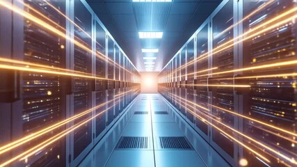 Data center server room with glowing light trails, visualizing digital data transmission and - Powered by Adobe