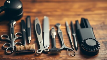 Neatly arranged professional barber tools on a wooden surface with warm brown tones and soft lighting.