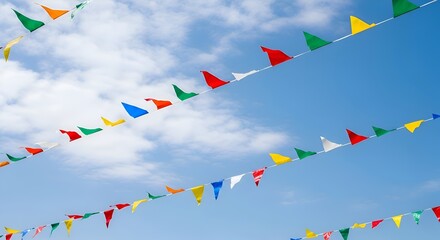 Colorful Festive Pennant Flags Against a Blue Sky