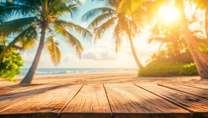 Tropical beach background with wooden table top for product display and mockup