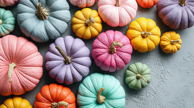 Vibrant Assorted Pumpkins in Multicolor Arrangement – Decorative Autumn Harvest and Fall Halloween Display with Unique Textured Gourds in Bright Festive Shades