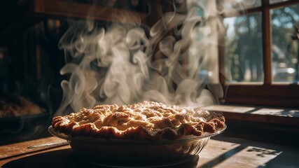Freshly baked pie releasing steam in a cozy kitchen with warm sunlight illuminating the scene - Powered by Adobe