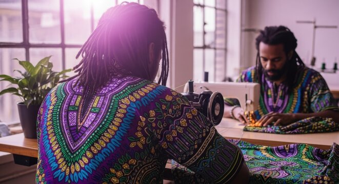 Man with dreadlocks sewing colorful fabric on a sewing machine in a workshop - Powered by Adobe