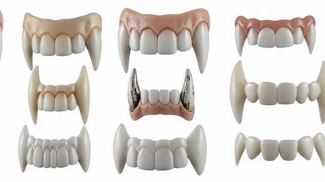 Isolated array of vampire teeth fangs on a white background