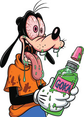 Vector art of goofy dog character looking intoxicated with a bottle