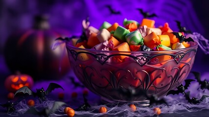 A vintage candy bowl surrounded by plastic bats and cobwebs, set in eerie purple Halloween lighting.
