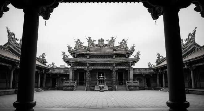 Traditional chinese temple architecture with ornate roof details and courtyard