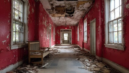 Fototapeta premium Red-painted, decaying hallway