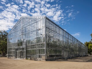 Fototapeta premium Large glass greenhouse with clear panels reflecting the sky, surrounded by trees