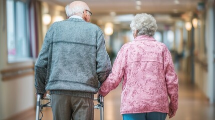 Elderly couple walking with a walker in a bright nursing home corridor, showing companionship, aging gracefully, and supportive care in a healthcare setting