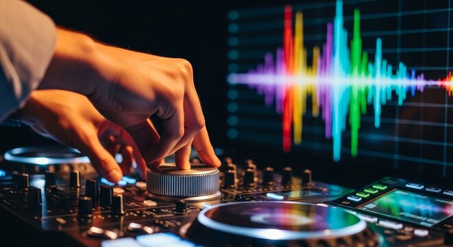 Hands adjust a knob on a DJ controller with a colorful audio visualizer displayed in the background