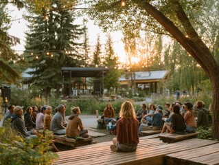 Outdoor Gathering of Diverse Group of People Sitting on Wood Benches in a Park During Sunset with String Lights and Green Trees