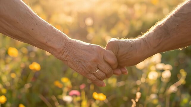 Two elderly hands held tenderly over a field of wildflowers, backlit by warm sunlight