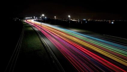 Colorful light trails from vehicles on a highway at night.